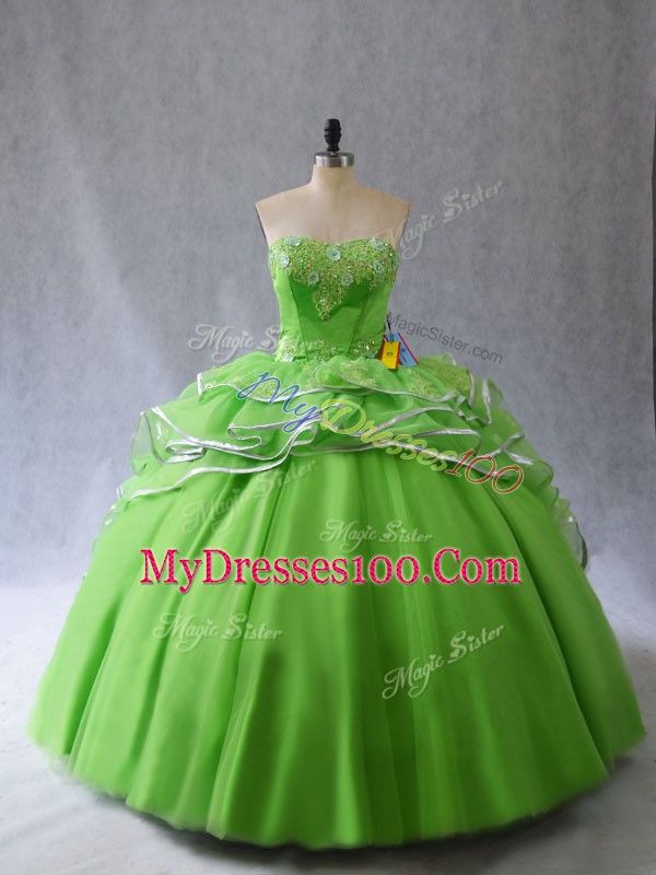 Flare Tulle Lace Up Quince Ball Gowns Sleeveless Brush Train Appliques and Ruffles