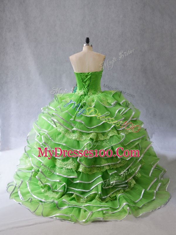 Flare Tulle Lace Up Quince Ball Gowns Sleeveless Brush Train Appliques and Ruffles