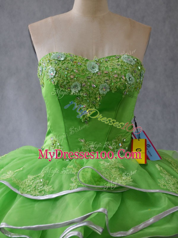Flare Tulle Lace Up Quince Ball Gowns Sleeveless Brush Train Appliques and Ruffles