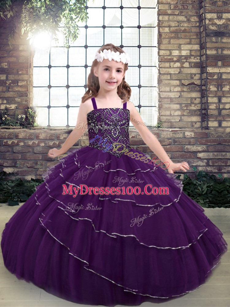 Elegant Floor Length Eggplant Purple Pageant Dress Womens Straps Sleeveless Lace Up
