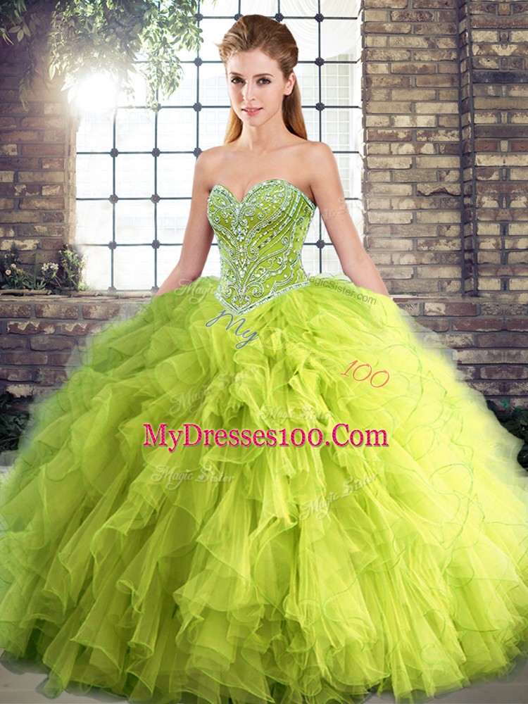 Glorious Sleeveless Tulle Floor Length Lace Up Quinceanera Dresses in Yellow Green with Beading and Ruffles