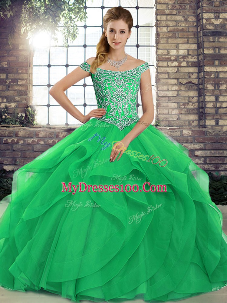 Flare Green Ball Gowns Tulle Off The Shoulder Sleeveless Beading and Ruffles Lace Up Sweet 16 Dresses Brush Train