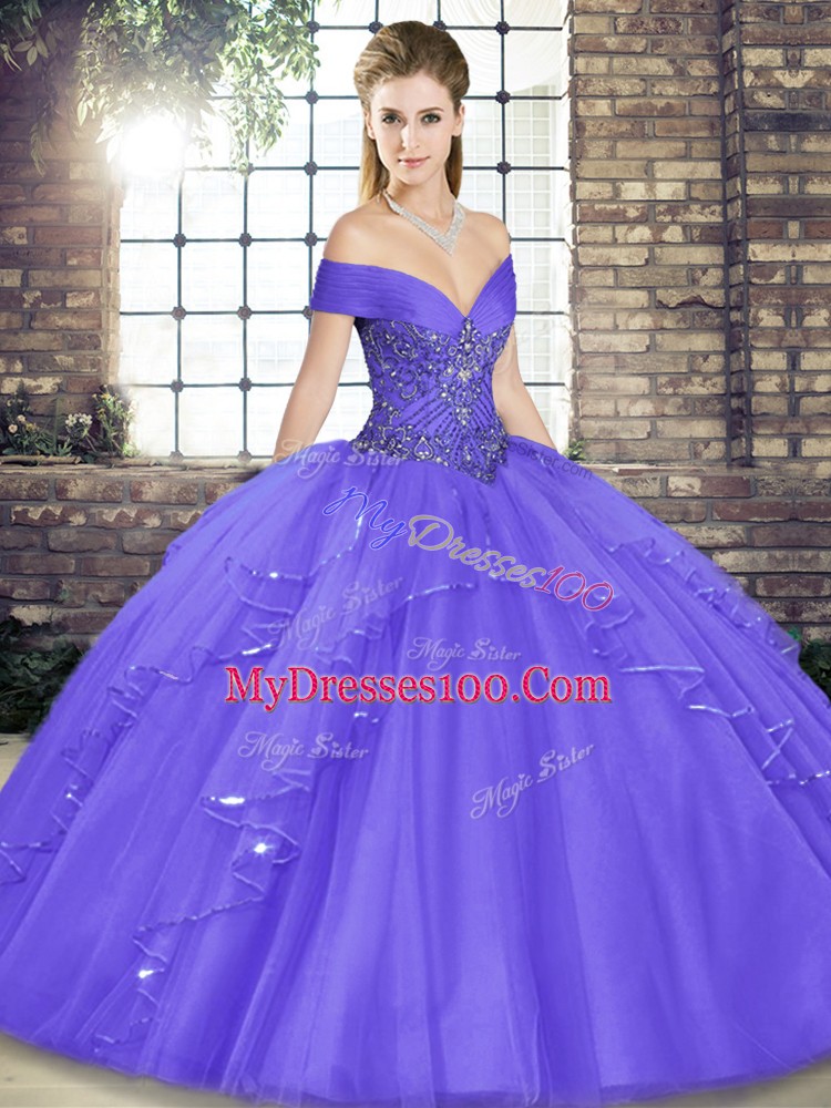 Lavender Ball Gowns Off The Shoulder Sleeveless Tulle Floor Length Lace Up Beading and Ruffles Ball Gown Prom Dress