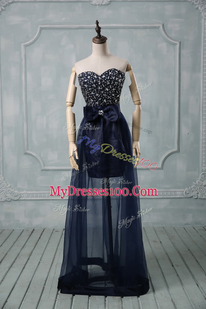 Exquisite Navy Blue Lace Up Sweetheart Beading and Bowknot Prom Dress Tulle Sleeveless