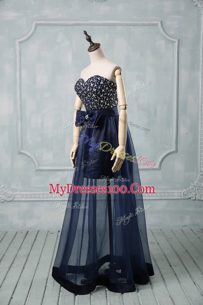 Exquisite Navy Blue Lace Up Sweetheart Beading and Bowknot Prom Dress Tulle Sleeveless