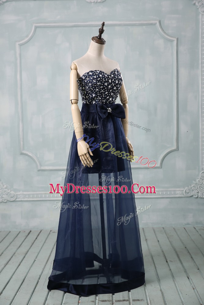 Exquisite Navy Blue Lace Up Sweetheart Beading and Bowknot Prom Dress Tulle Sleeveless