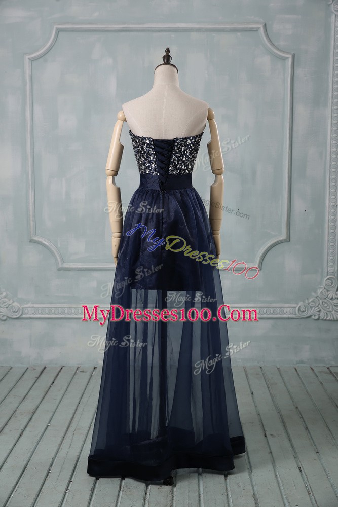 Exquisite Navy Blue Lace Up Sweetheart Beading and Bowknot Prom Dress Tulle Sleeveless