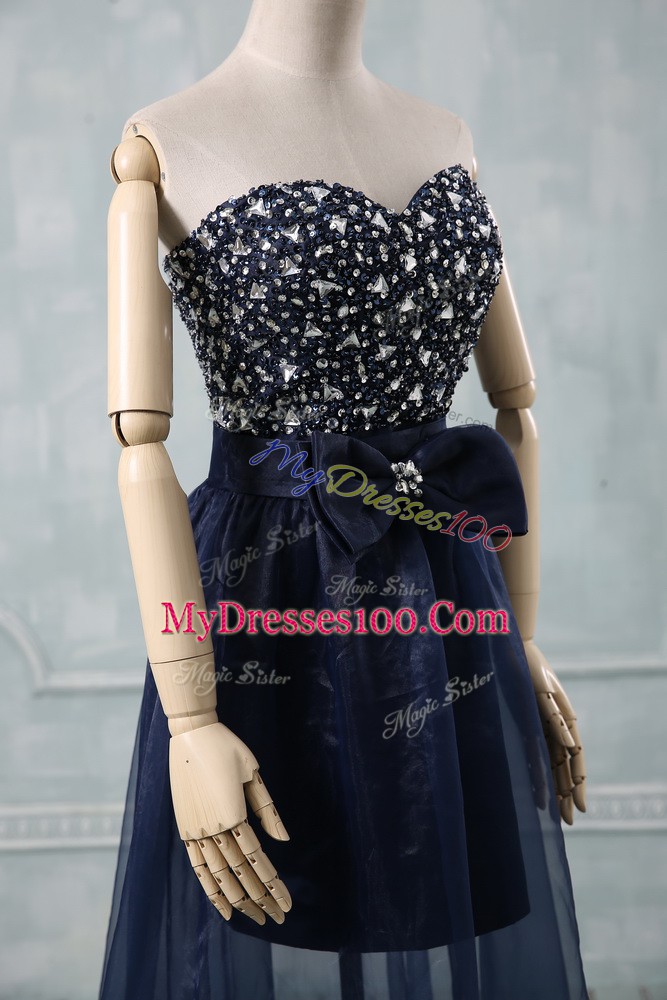 Exquisite Navy Blue Lace Up Sweetheart Beading and Bowknot Prom Dress Tulle Sleeveless