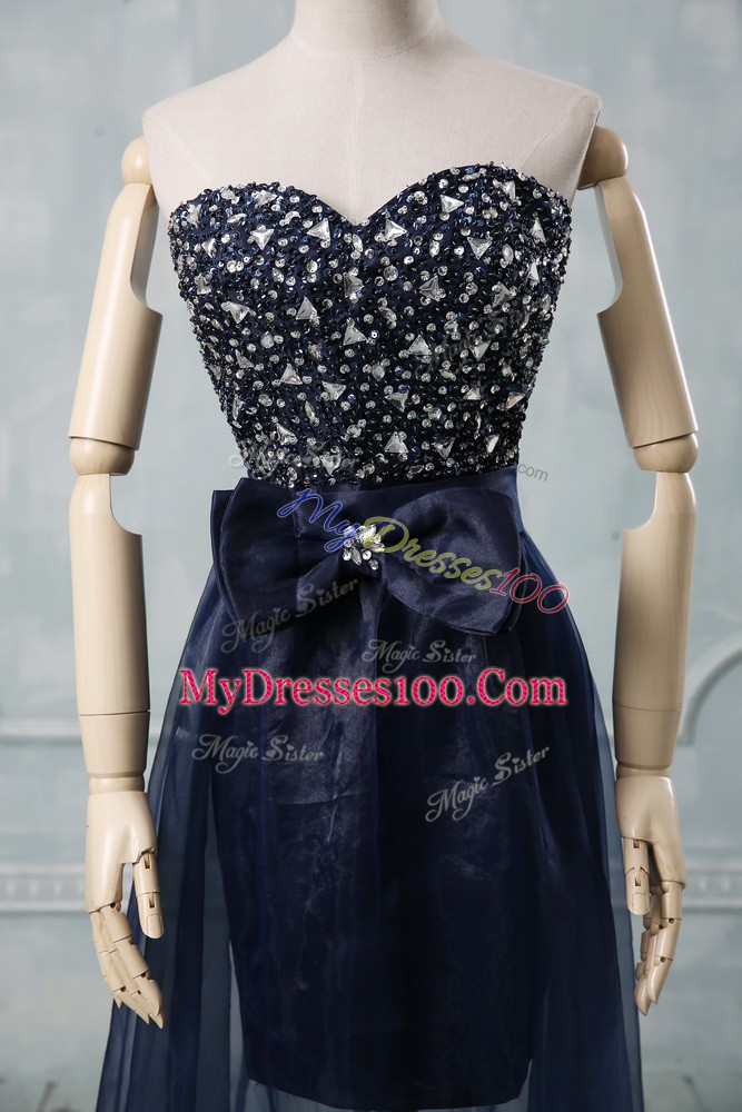 Exquisite Navy Blue Lace Up Sweetheart Beading and Bowknot Prom Dress Tulle Sleeveless