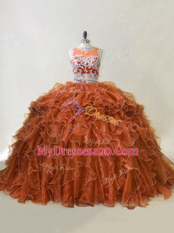 Custom Fit Brown Zipper Quinceanera Gown Beading and Ruffles Sleeveless Brush Train