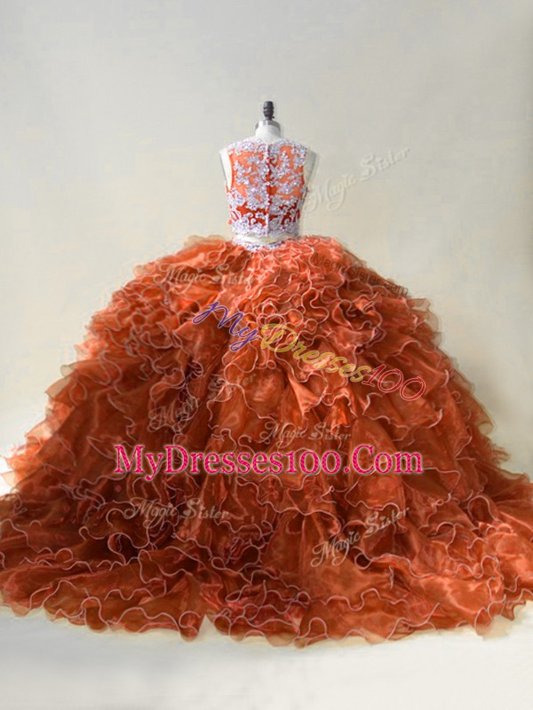 Custom Fit Brown Zipper Quinceanera Gown Beading and Ruffles Sleeveless Brush Train