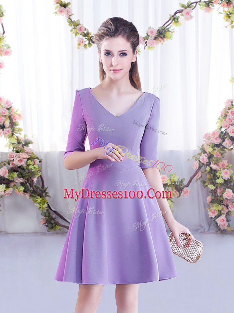Mini Length Lavender Bridesmaid Gown Chiffon Half Sleeves Ruching