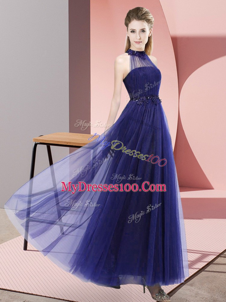 Empire Bridesmaid Gown Purple Halter Top Tulle Sleeveless Floor Length Lace Up