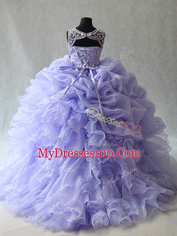 Ball Gowns Sleeveless Lavender Kids Pageant Dress Brush Train Lace Up