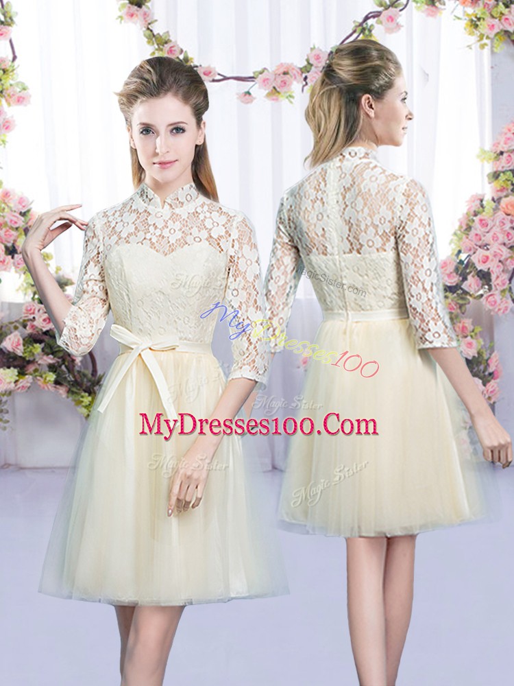 High-neck Half Sleeves Wedding Party Dress Mini Length Bowknot Champagne Tulle