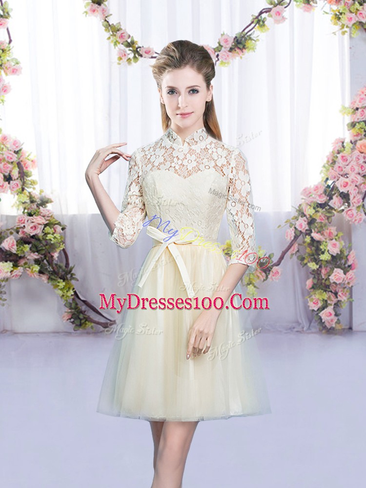 High-neck Half Sleeves Wedding Party Dress Mini Length Bowknot Champagne Tulle
