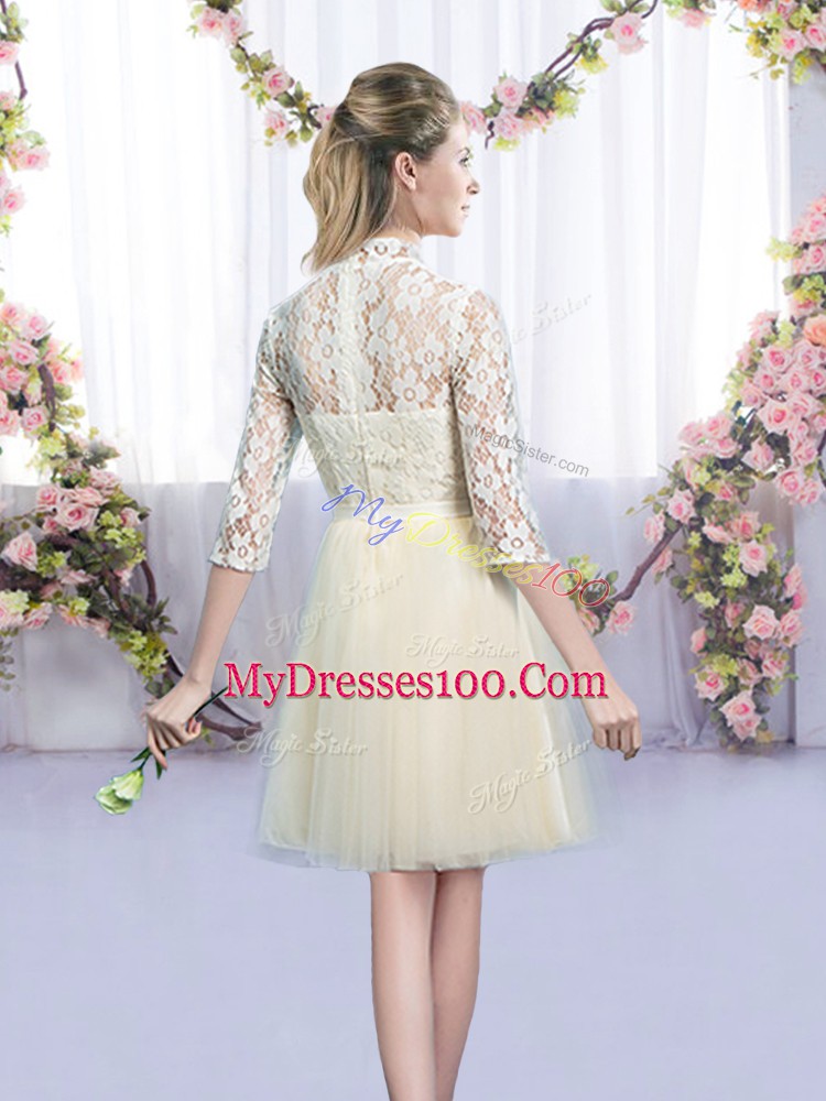 High-neck Half Sleeves Wedding Party Dress Mini Length Bowknot Champagne Tulle