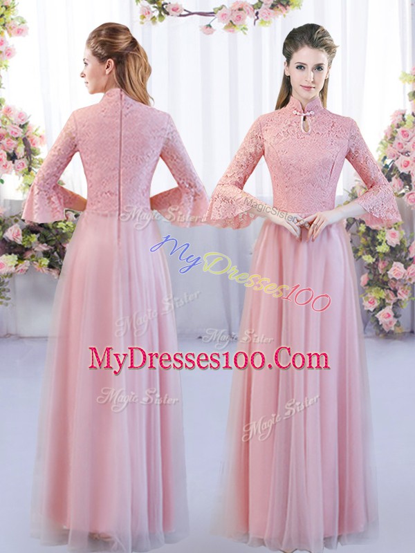 3 4 Length Sleeve Floor Length Lace Zipper Bridesmaid Dress with Pink