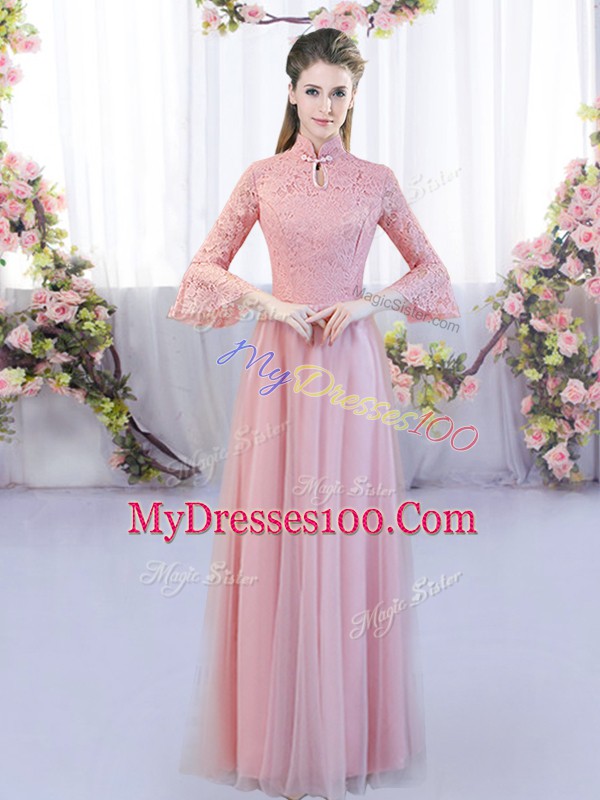 3 4 Length Sleeve Floor Length Lace Zipper Bridesmaid Dress with Pink