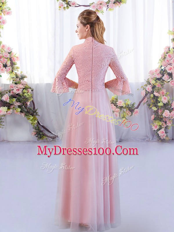 3 4 Length Sleeve Floor Length Lace Zipper Bridesmaid Dress with Pink