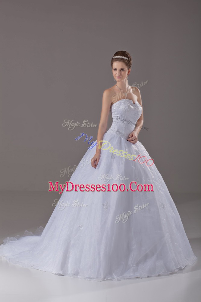 Ball Gowns Sleeveless White Wedding Gowns Brush Train Zipper
