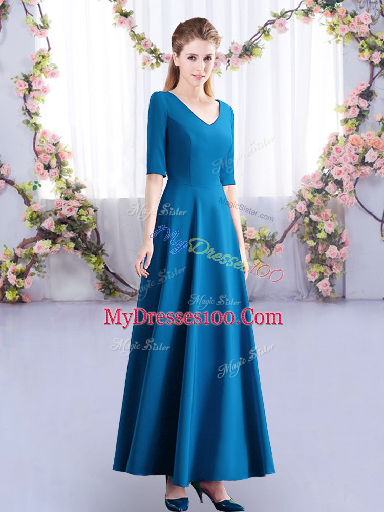 V-neck Half Sleeves Zipper Quinceanera Court of Honor Dress Teal Satin