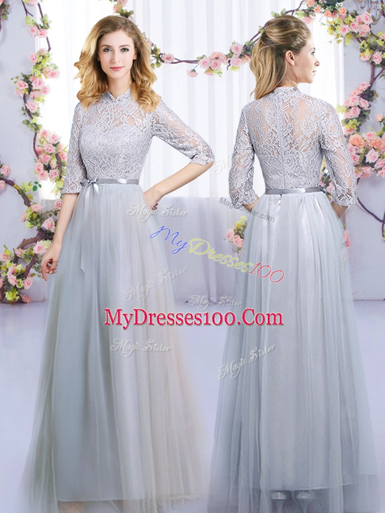 Empire Bridesmaids Dress Grey High-neck Tulle Half Sleeves Floor Length Zipper