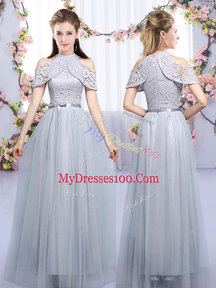 Empire Bridesmaids Dress Grey High-neck Tulle Half Sleeves Floor Length Zipper