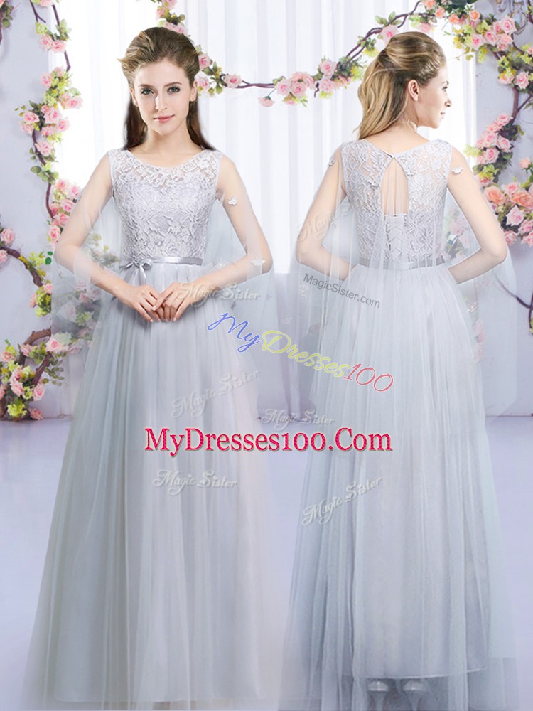 Empire Bridesmaids Dress Grey High-neck Tulle Half Sleeves Floor Length Zipper