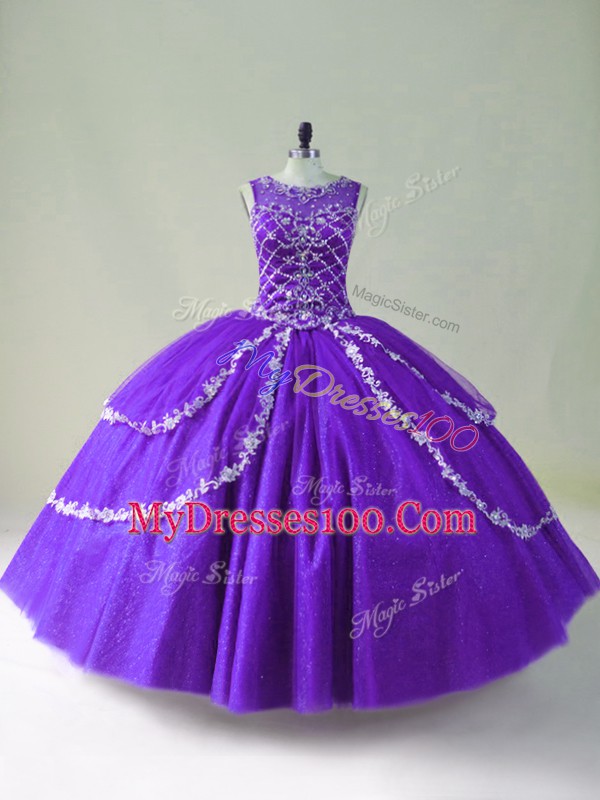 Most Popular Purple Zipper Sweet 16 Dress Beading and Appliques Sleeveless Floor Length