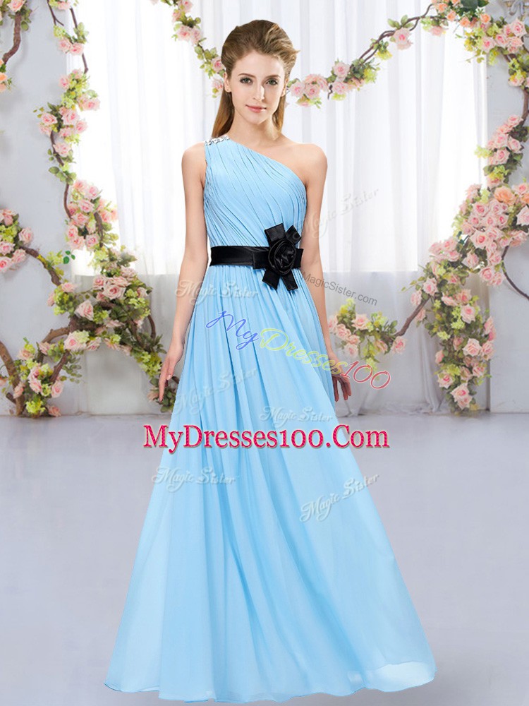 Aqua Blue Sleeveless Floor Length Belt Zipper Damas Dress