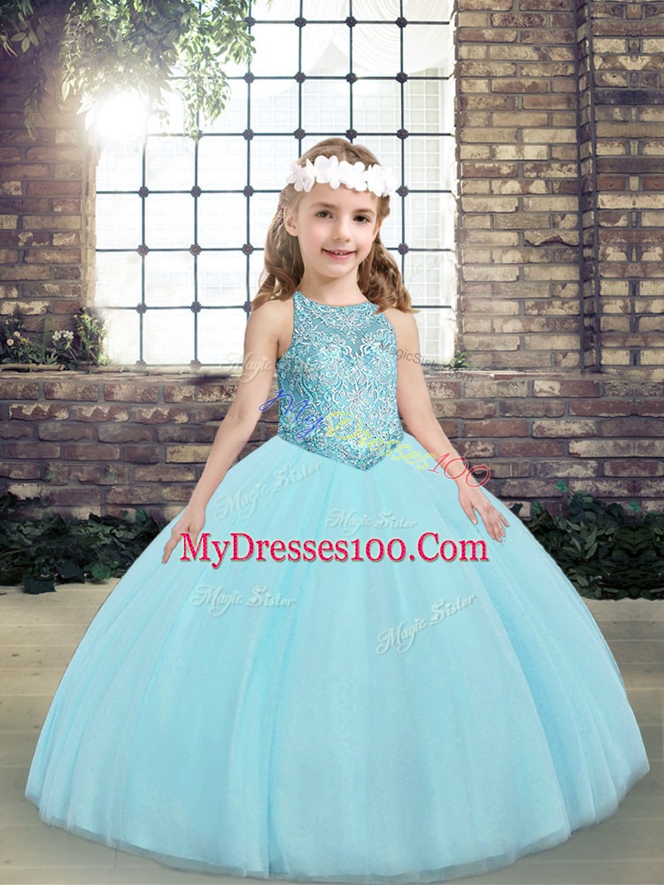 Trendy Tulle Scoop Sleeveless Lace Up Beading and Appliques Kids Pageant Dress in Aqua Blue