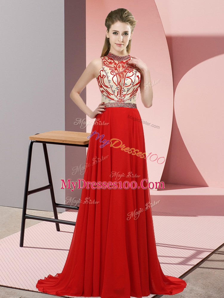 Stylish Red Sleeveless Chiffon Brush Train Backless Prom Dresses for Prom and Party