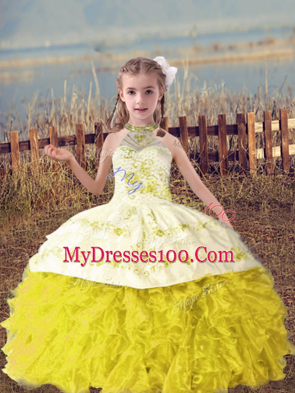Gold Halter Top Neckline Beading and Embroidery and Ruffles Kids Formal Wear Sleeveless Lace Up