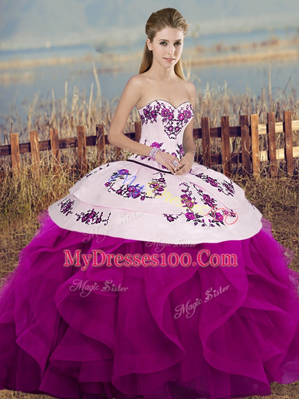 Fitting Sleeveless Tulle Floor Length Lace Up Vestidos de Quinceanera in Fuchsia with Embroidery and Ruffles and Bowknot