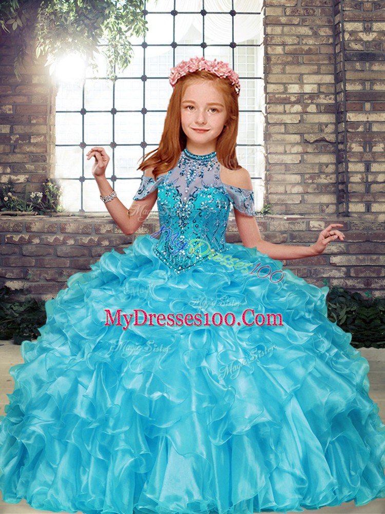 Custom Design Aqua Blue Sleeveless Beading and Ruffles Floor Length Girls Pageant Dresses