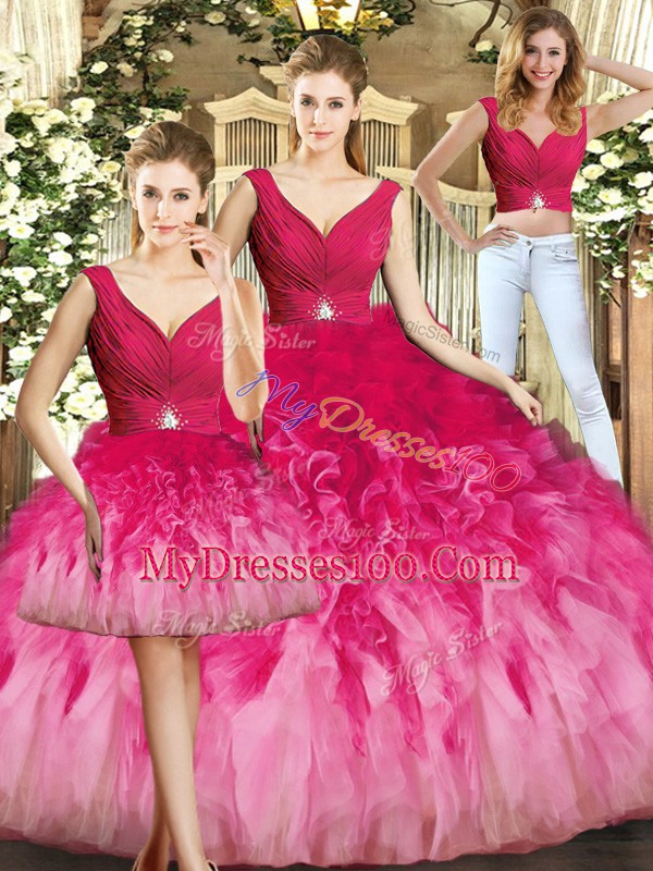 Floor Length Multi-color 15th Birthday Dress Tulle Sleeveless Beading and Ruffles