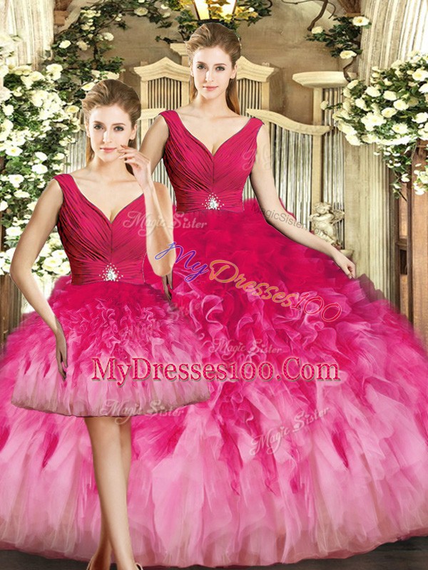 Floor Length Multi-color 15th Birthday Dress Tulle Sleeveless Beading and Ruffles