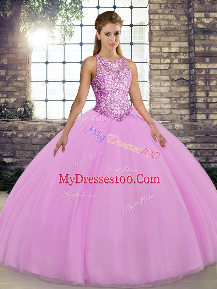 Lilac Lace Up Quinceanera Dress Embroidery Sleeveless Floor Length