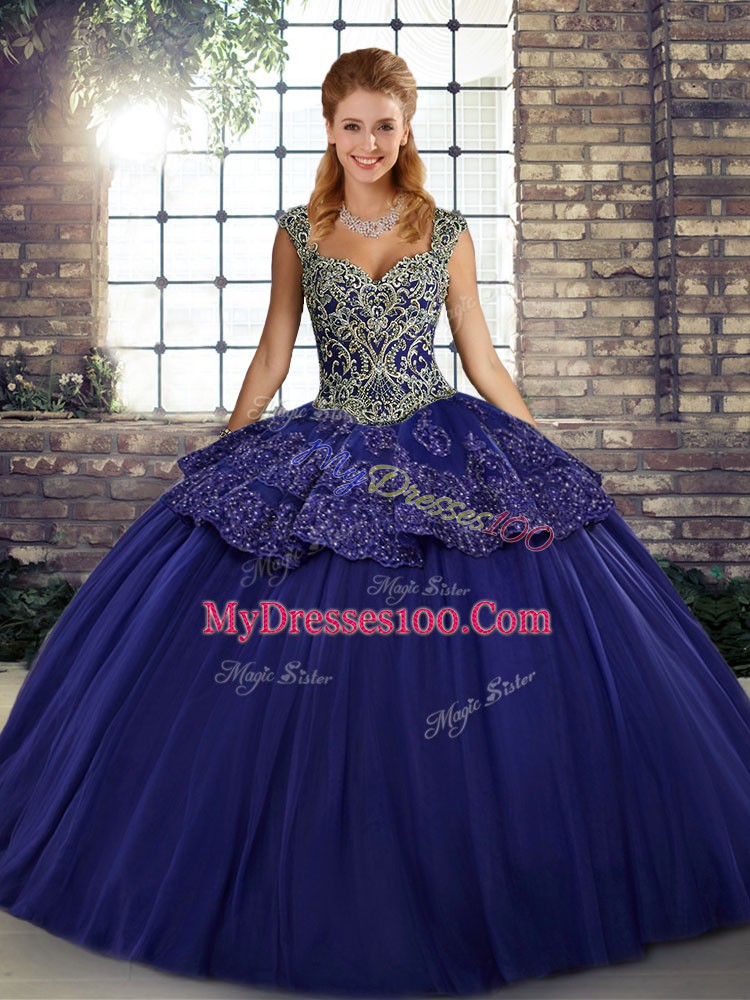Ball Gowns 15th Birthday Dress Purple Straps Tulle Sleeveless Floor Length Lace Up