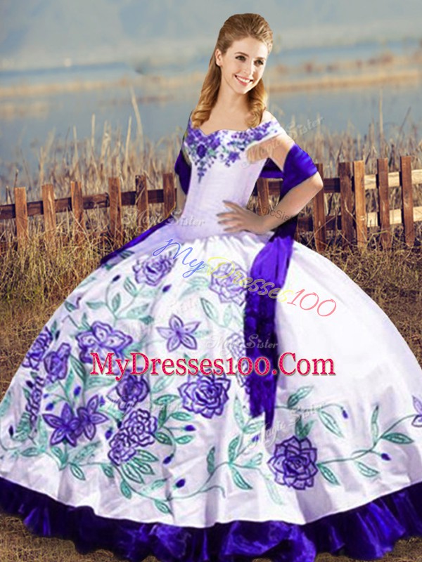 Beautiful Floor Length Lace Up 15th Birthday Dress White And Purple for Sweet 16 and Quinceanera with Embroidery and Ruffles