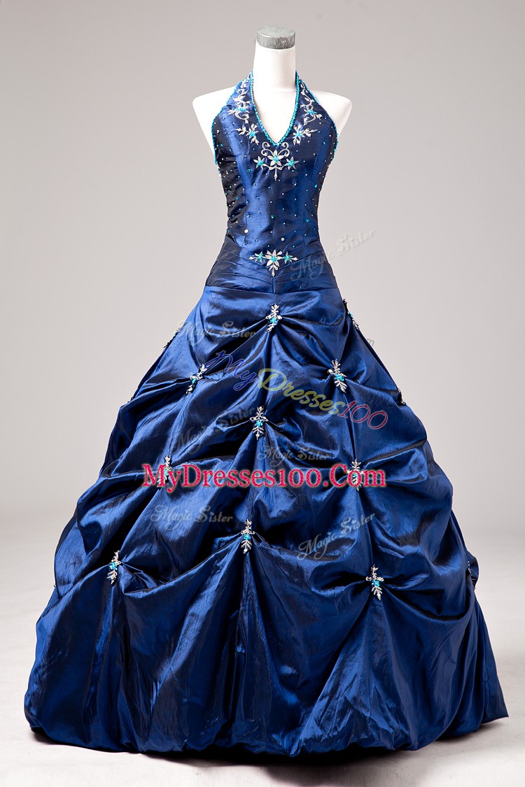 Suitable Halter Top Sleeveless Taffeta Vestidos de Quinceanera Appliques and Pick Ups Lace Up