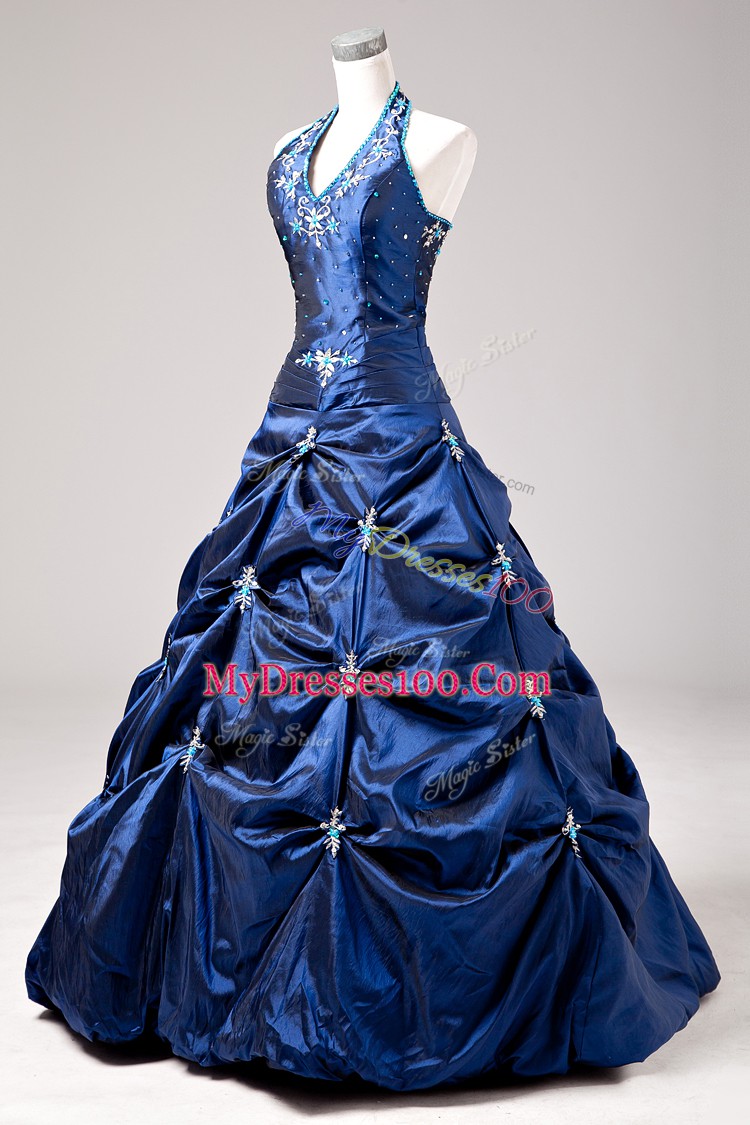 Suitable Halter Top Sleeveless Taffeta Vestidos de Quinceanera Appliques and Pick Ups Lace Up