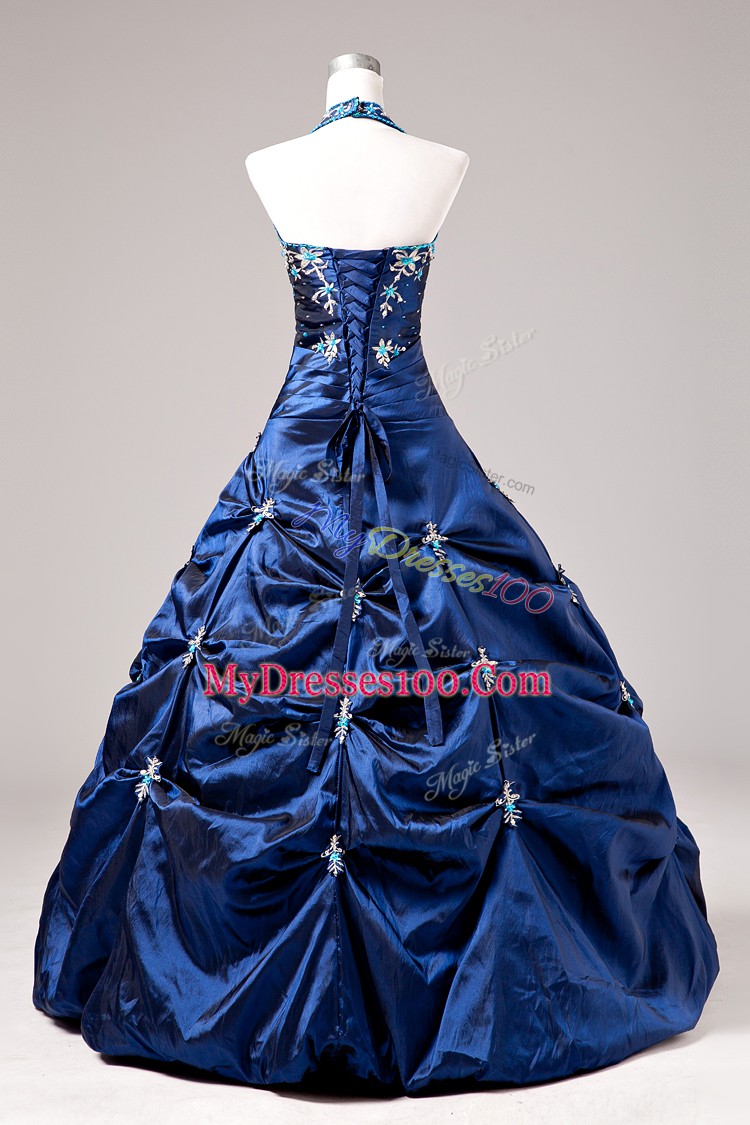 Suitable Halter Top Sleeveless Taffeta Vestidos de Quinceanera Appliques and Pick Ups Lace Up