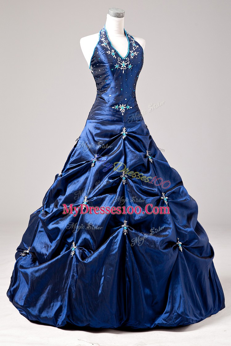 Suitable Halter Top Sleeveless Taffeta Vestidos de Quinceanera Appliques and Pick Ups Lace Up