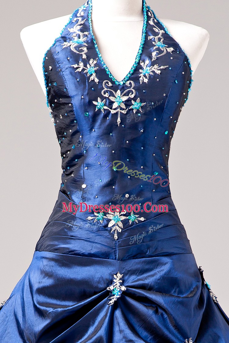 Suitable Halter Top Sleeveless Taffeta Vestidos de Quinceanera Appliques and Pick Ups Lace Up