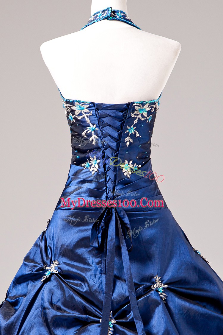 Suitable Halter Top Sleeveless Taffeta Vestidos de Quinceanera Appliques and Pick Ups Lace Up