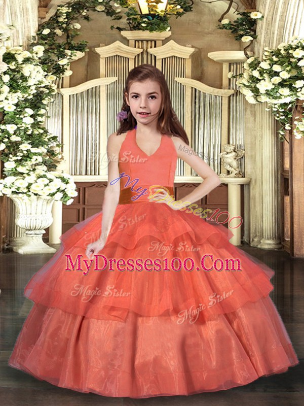 Best Halter Top Sleeveless Pageant Gowns For Girls Floor Length Ruffled Layers Orange Red Organza