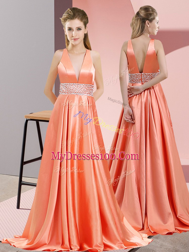 Trendy Orange Red Backless Prom Party Dress Beading Sleeveless Brush Train