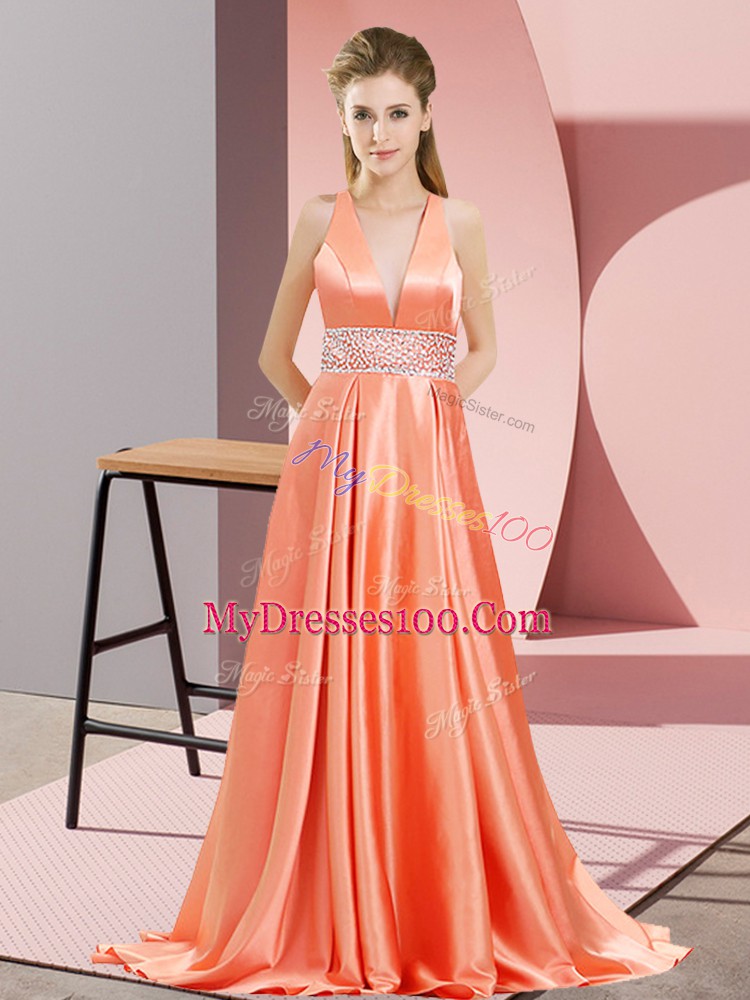Trendy Orange Red Backless Prom Party Dress Beading Sleeveless Brush Train